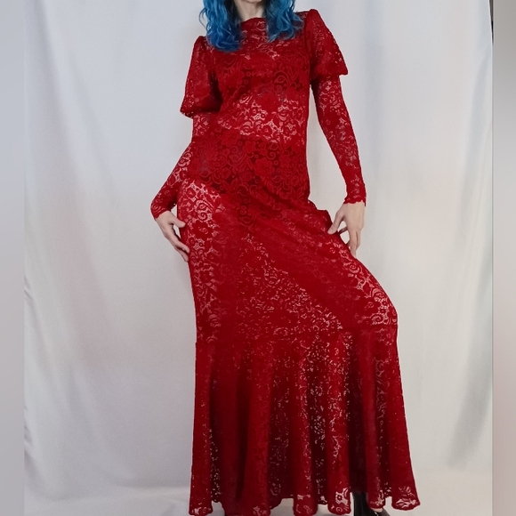 Red Floral Lace Maxi Dress with Leg-O-Mutton Sleeves. - Picture 2 of 4